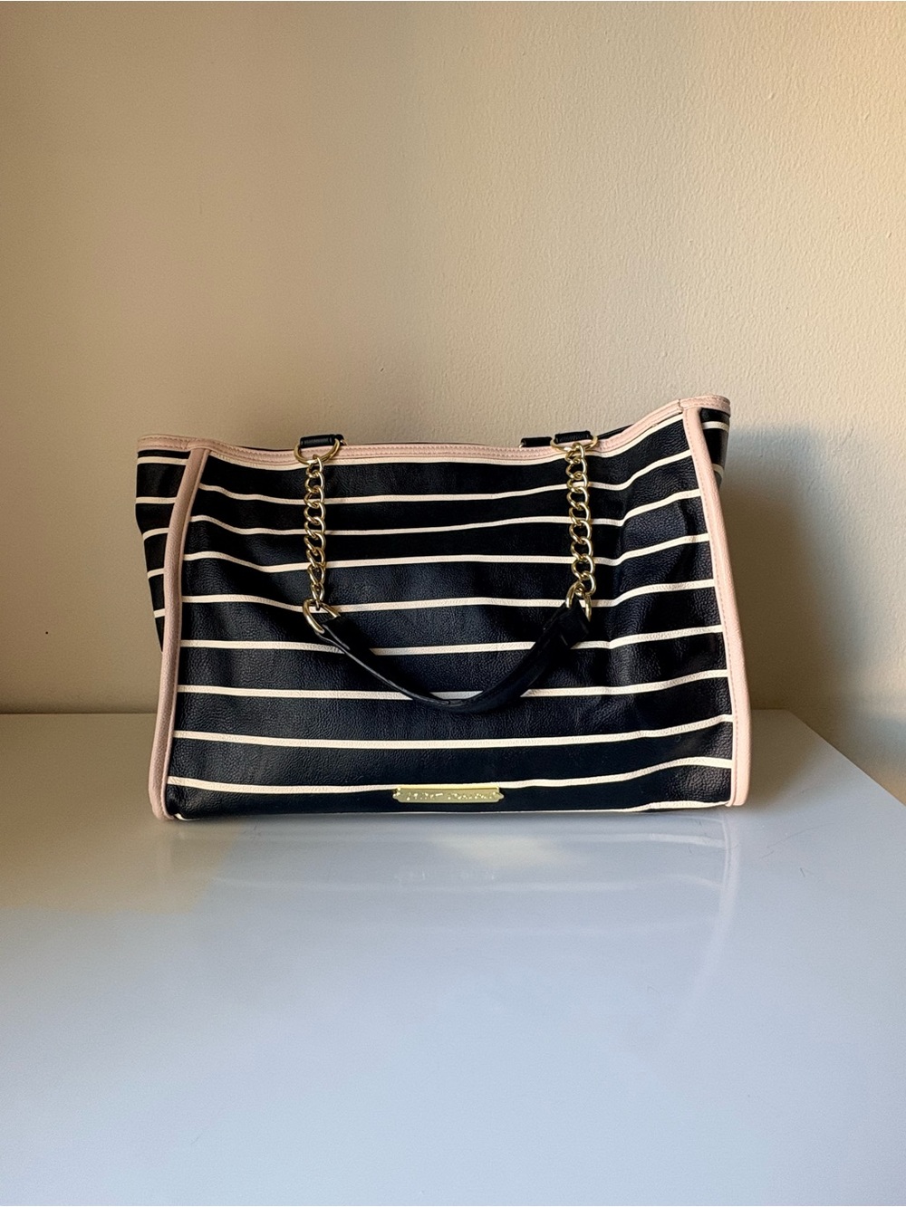 Betsey Johnson Black & Cream Striped Tote Bag Pink Trim Chain Handles
